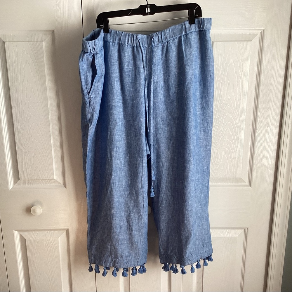 Talbots Blue 100% Linen Chambray Tassel Hem Cropped Pant W/ Drawstring Size XL